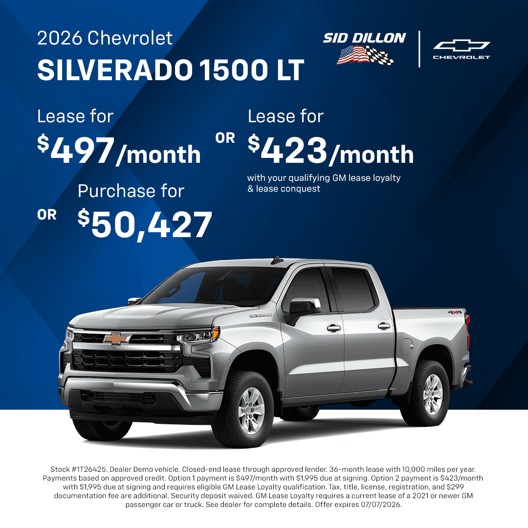 2026 Chevrolet Silverado 1500 LT June lease offer with $497 or $423 monthly options