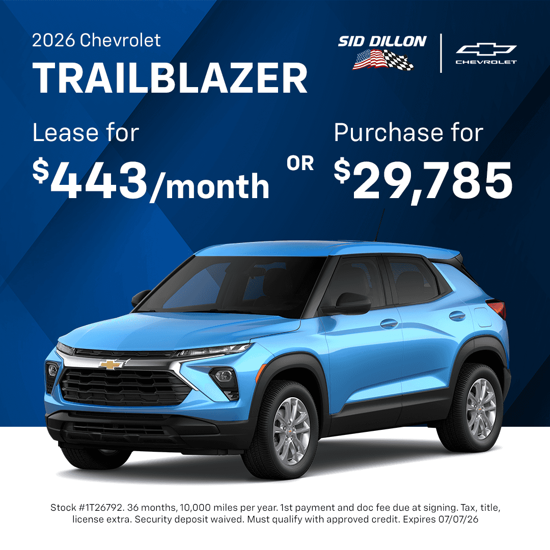 2026 Chevrolet Trailblazer June offer with $443 per month lease or $29,785 purchase price