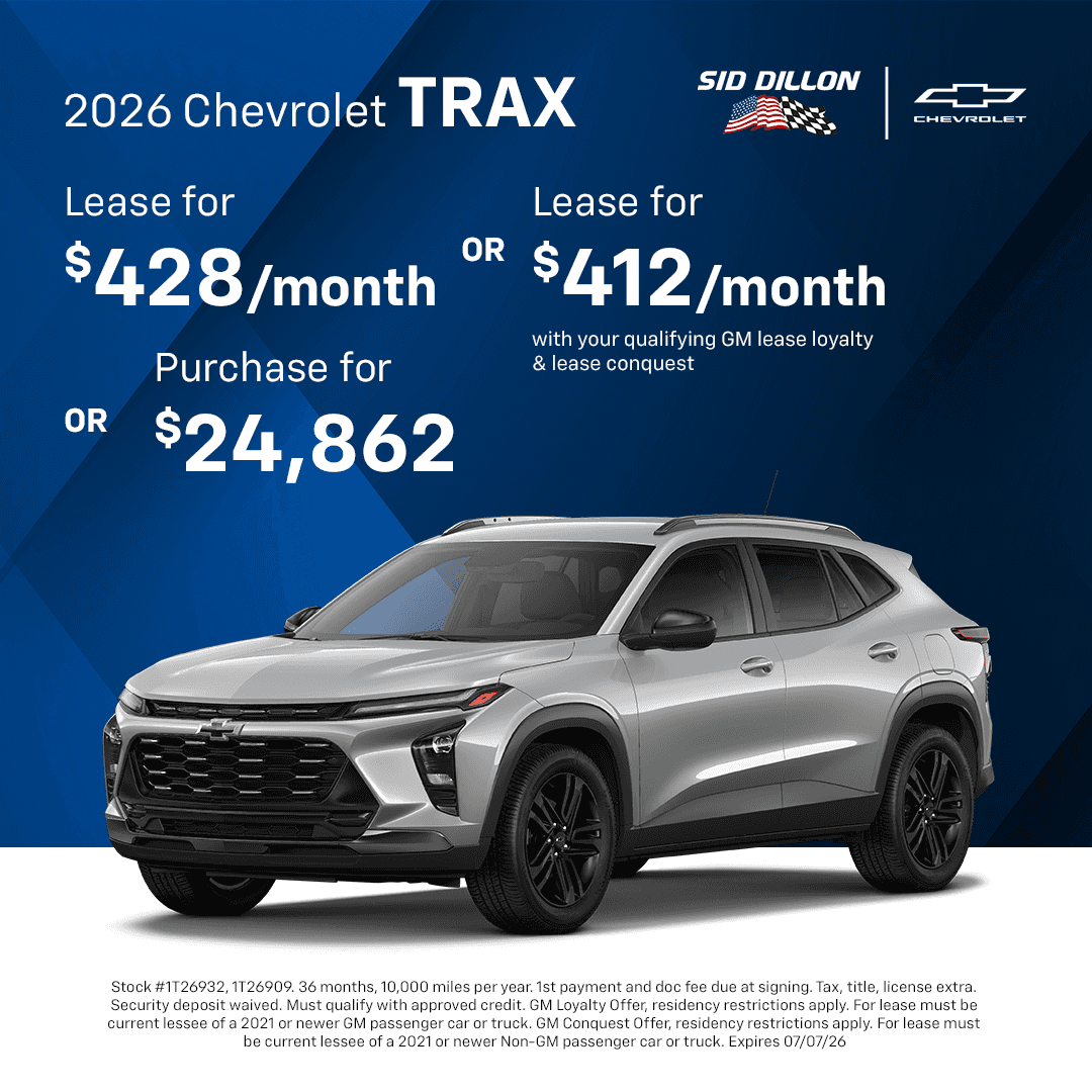 2026 Chevrolet Trax June offer with $428 or $412 monthly lease options and $24,862 purchase price