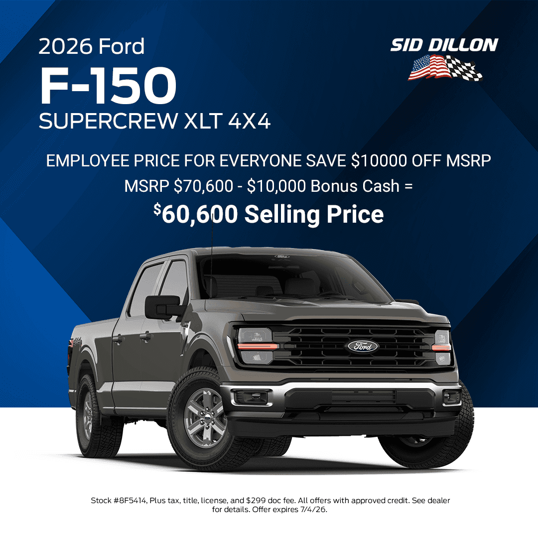 2026 Ford F-150 SuperCrew XLT 4x4 with employee pricing and $60,600 selling price at Sid Dillon Ford