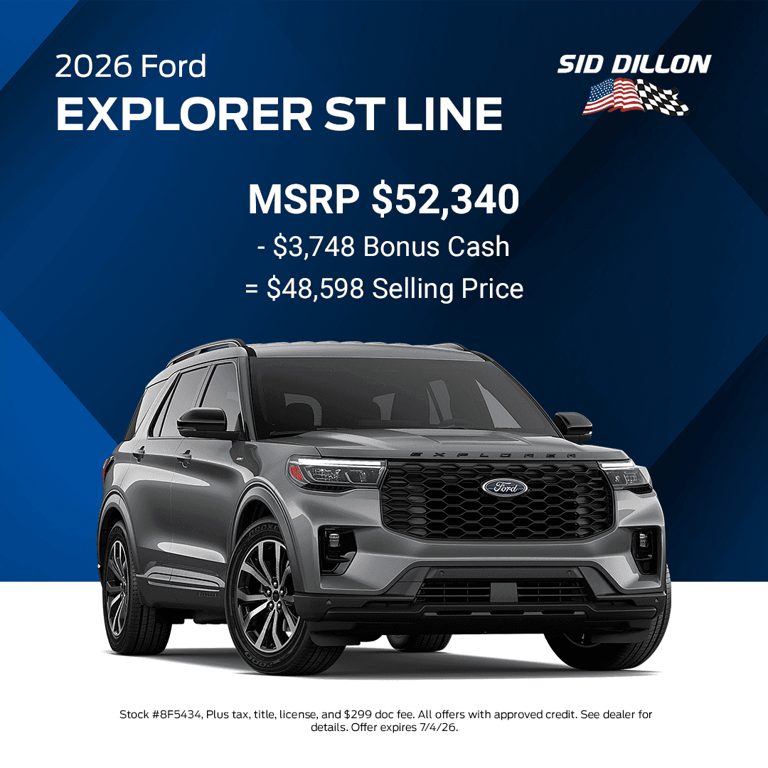 2026 Ford Explorer ST-Line with $52,340 MSRP, $3,748 bonus cash, and $48,598 selling price