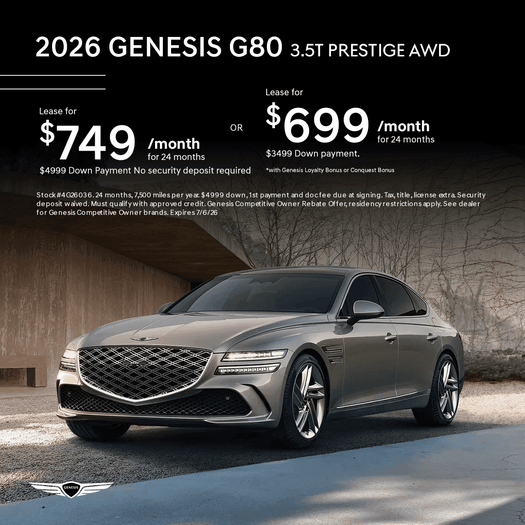 2026 Genesis G80 3.5T Prestige AWD sedan with June lease offers of $749 or $699 per month at Genesis of Lincoln