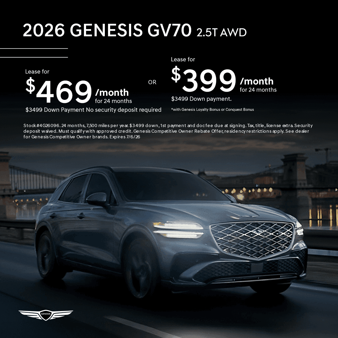 2026 Genesis GV70 2.5T AWD SUV with June lease offers of $469 or $399 per month at Genesis of Lincoln