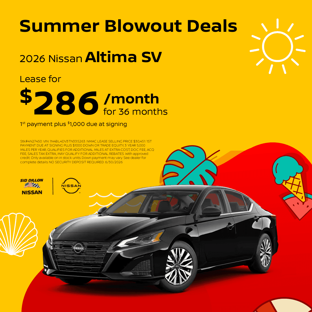 Sid Dillon Nissan of Lincoln June lease offer for a 2026 Nissan Altima SV for $286 per month for 36 months with first payment plus $1,000 due at signing