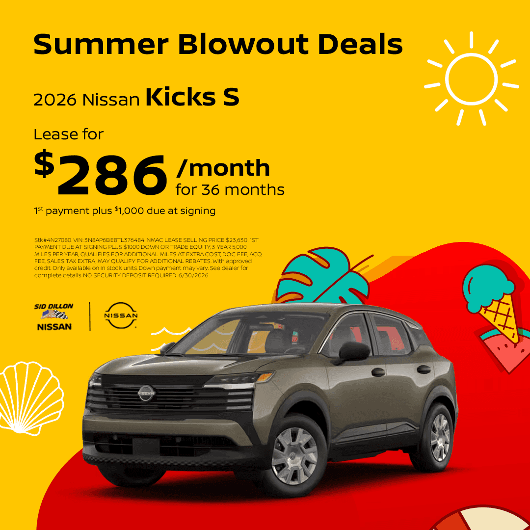 Sid Dillon Nissan of Lincoln June lease offer for a 2026 Nissan Kicks S for $286 per month for 36 months with first payment plus $1,000 due at signing