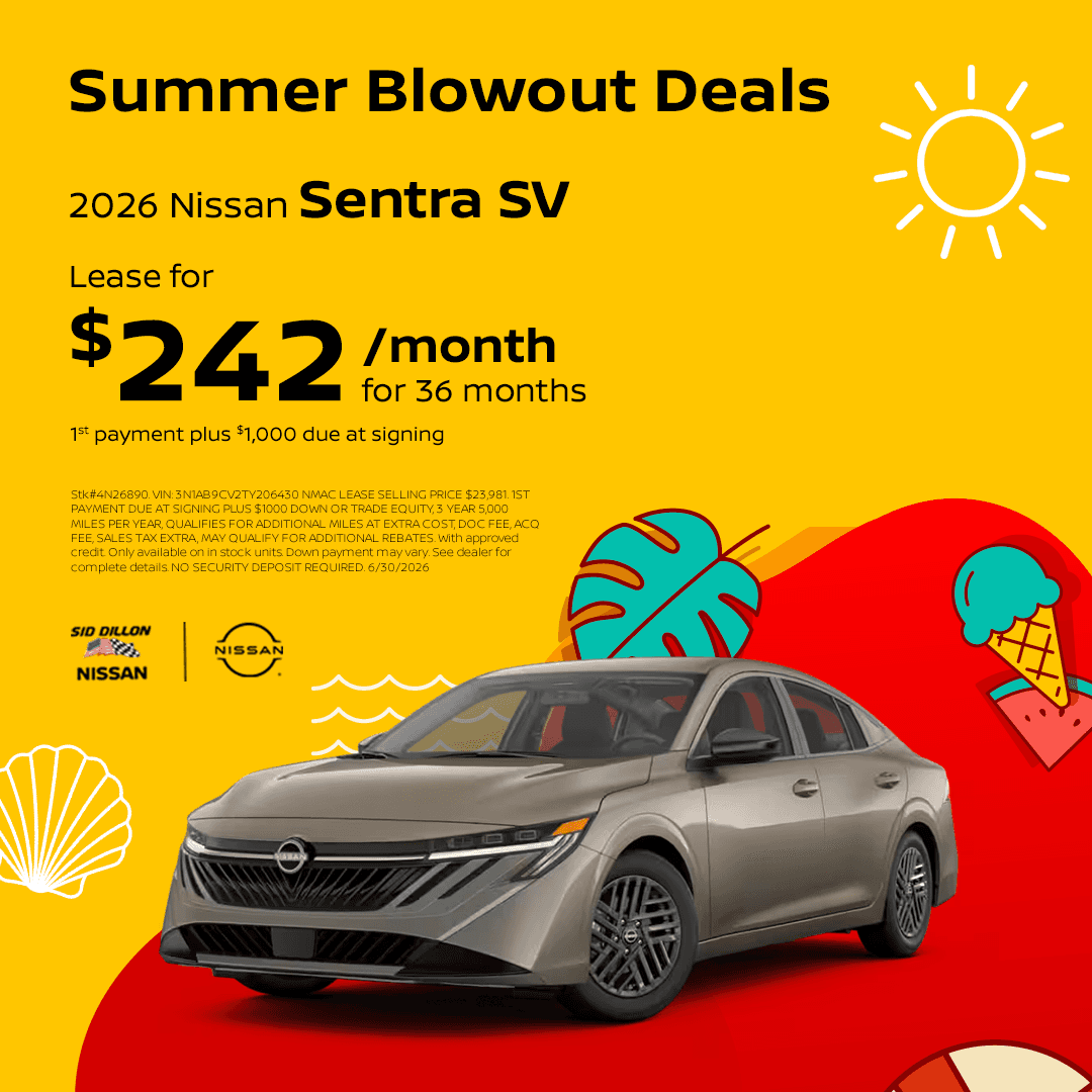 Sid Dillon Nissan of Lincoln June lease offer for a 2026 Nissan Sentra SV for $242 per month for 36 months with first payment plus $1,000 due at signing