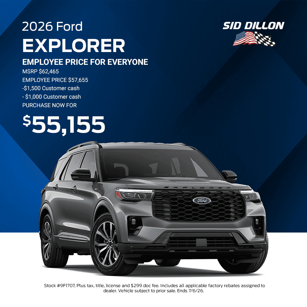 2026 Ford Explorer with MSRP $62,465 and employee price purchase offer of $55,155 at Sid Dillon Ford Wahoo
