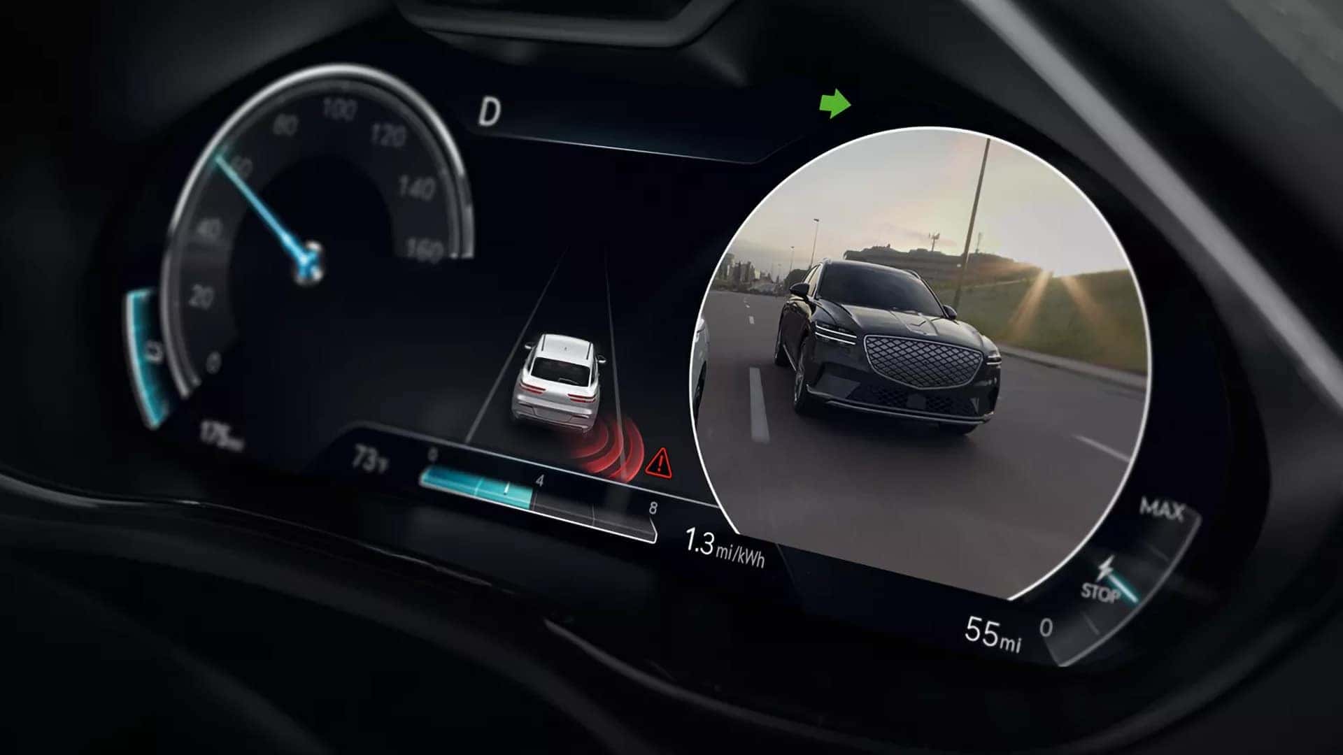 2026 Genesis Electrified GV70 Blind-Spot View Monitor showing vehicle detection in the driver display