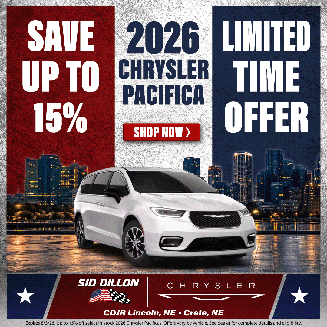 July 2026 Chrysler Pacifica offer with savings up to 15 percent on select in stock minivans at Sid Dillon CDJR Lincoln and Crete