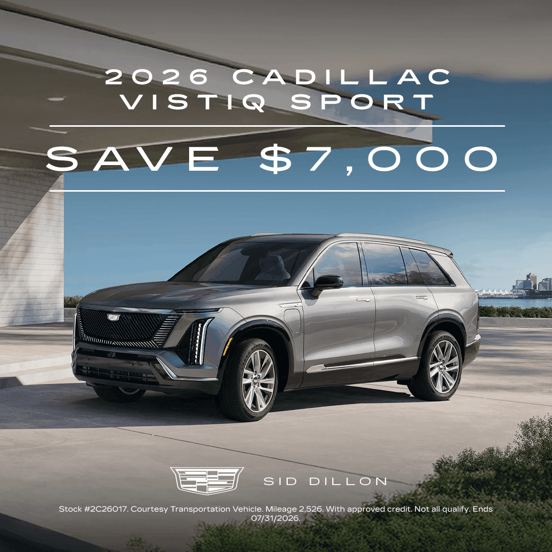2026 Cadillac VISTIQ Sport July courtesy vehicle offer with $7,000 savings, 2,526 miles, and stock number 2C26017