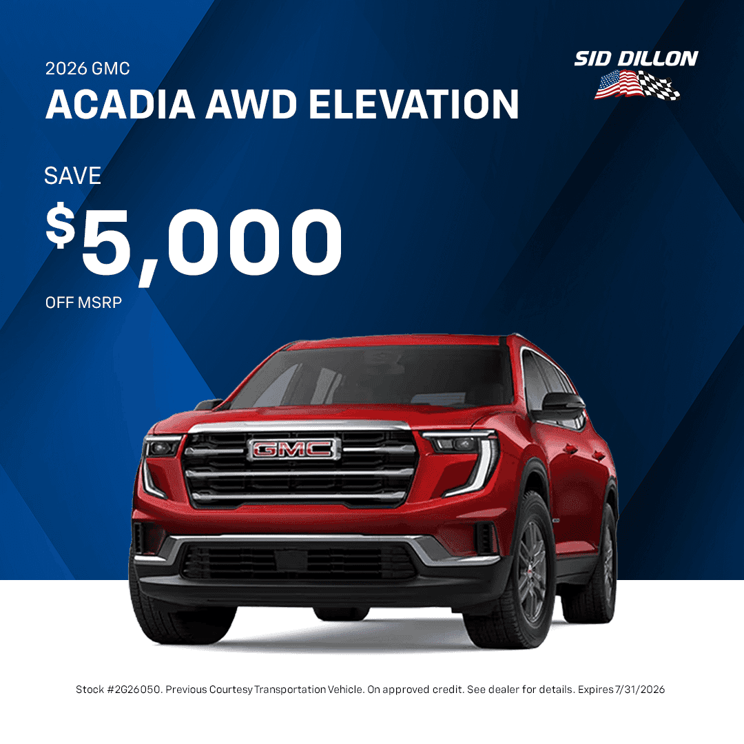 2026 GMC Acadia AWD Elevation July offer with $5,000 off MSRP at Sid Dillon Buick GMC of Fremont, stock number 2G26050