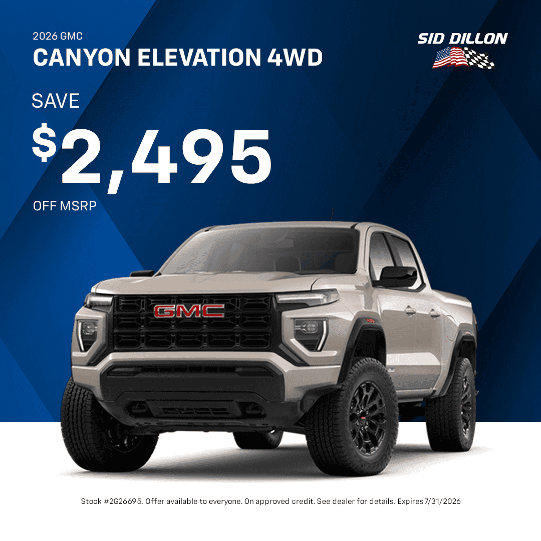 2026 GMC Canyon Elevation 4WD July offer with $2,495 off MSRP at Sid Dillon Buick GMC of Fremont, stock number 2G26695