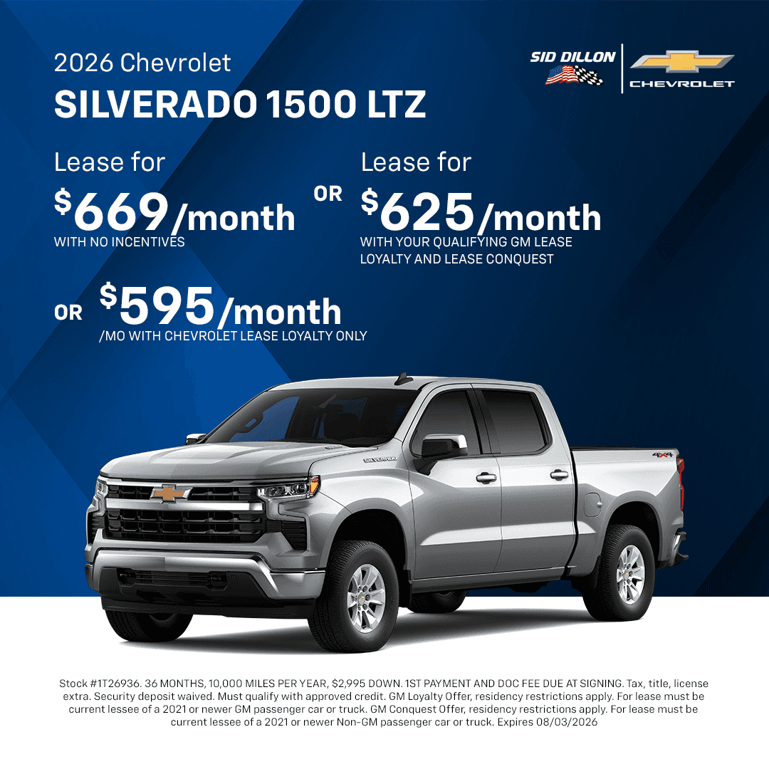 July 2026 Chevrolet Silverado 1500 LTZ lease offer with monthly payment options for qualified customers at Sid Dillon