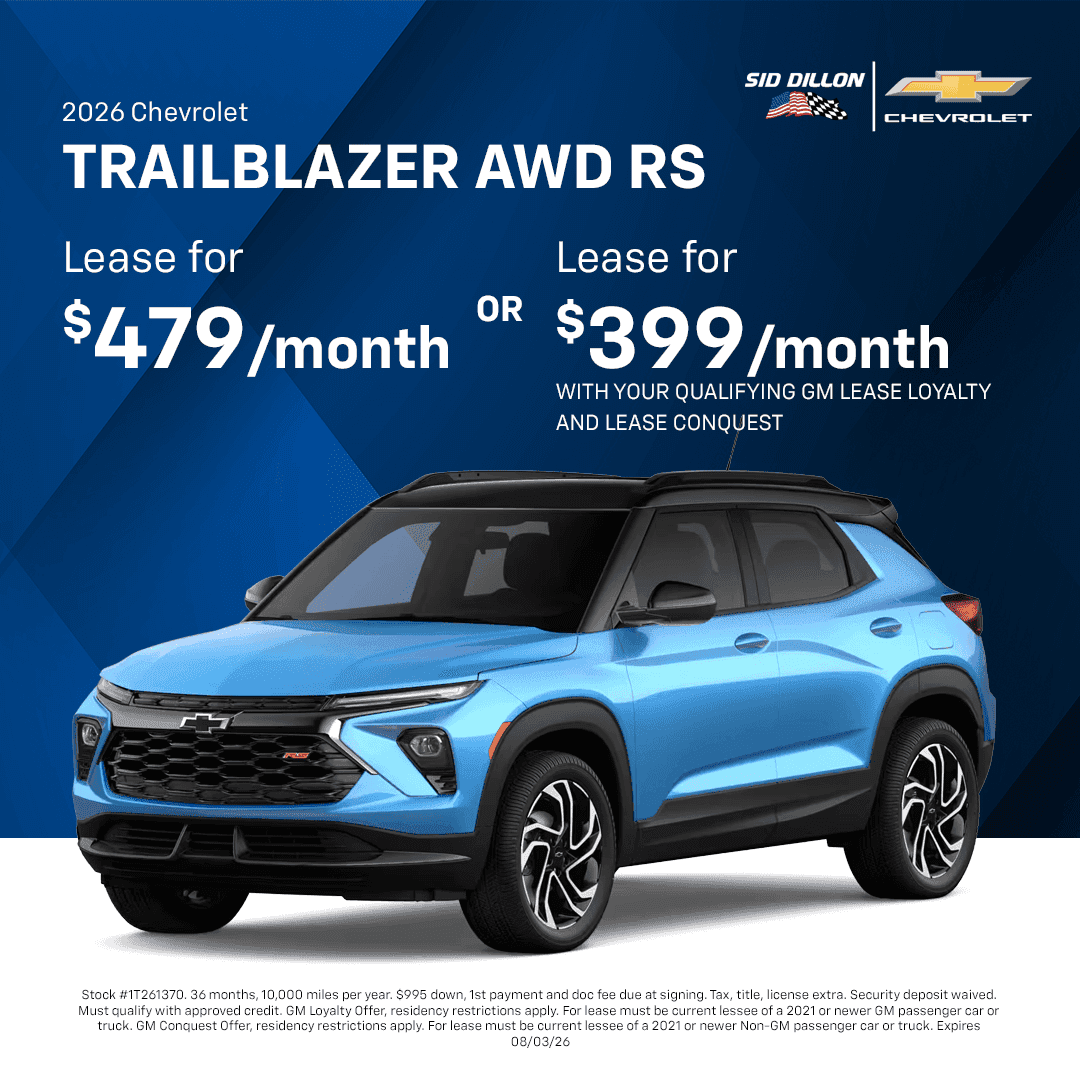 July 2026 Chevrolet Trailblazer AWD RS lease offer with available GM Lease Loyalty and Lease Conquest savings