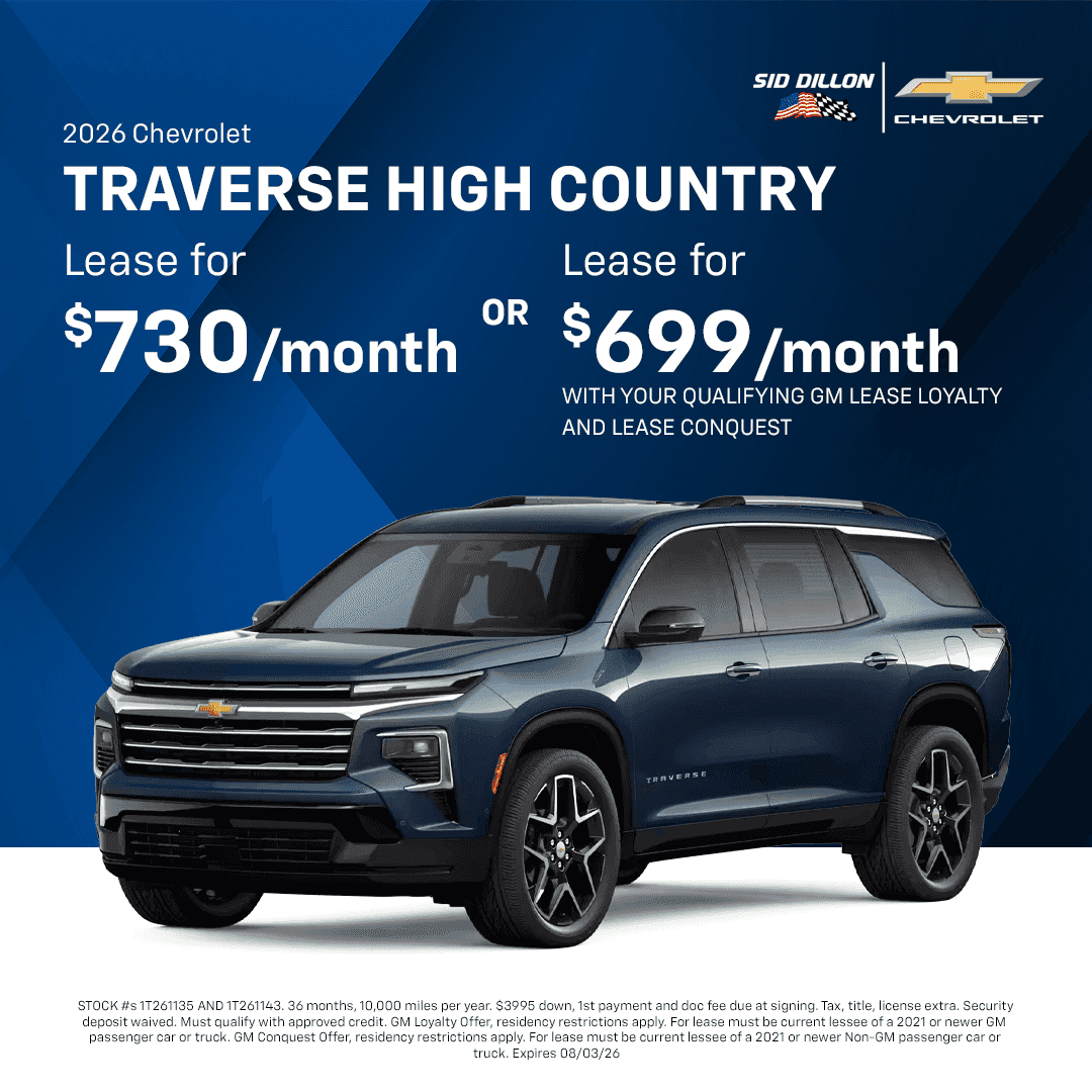 July 2026 Chevrolet Traverse High Country lease offer for a premium three-row Chevrolet SUV at Sid Dillon