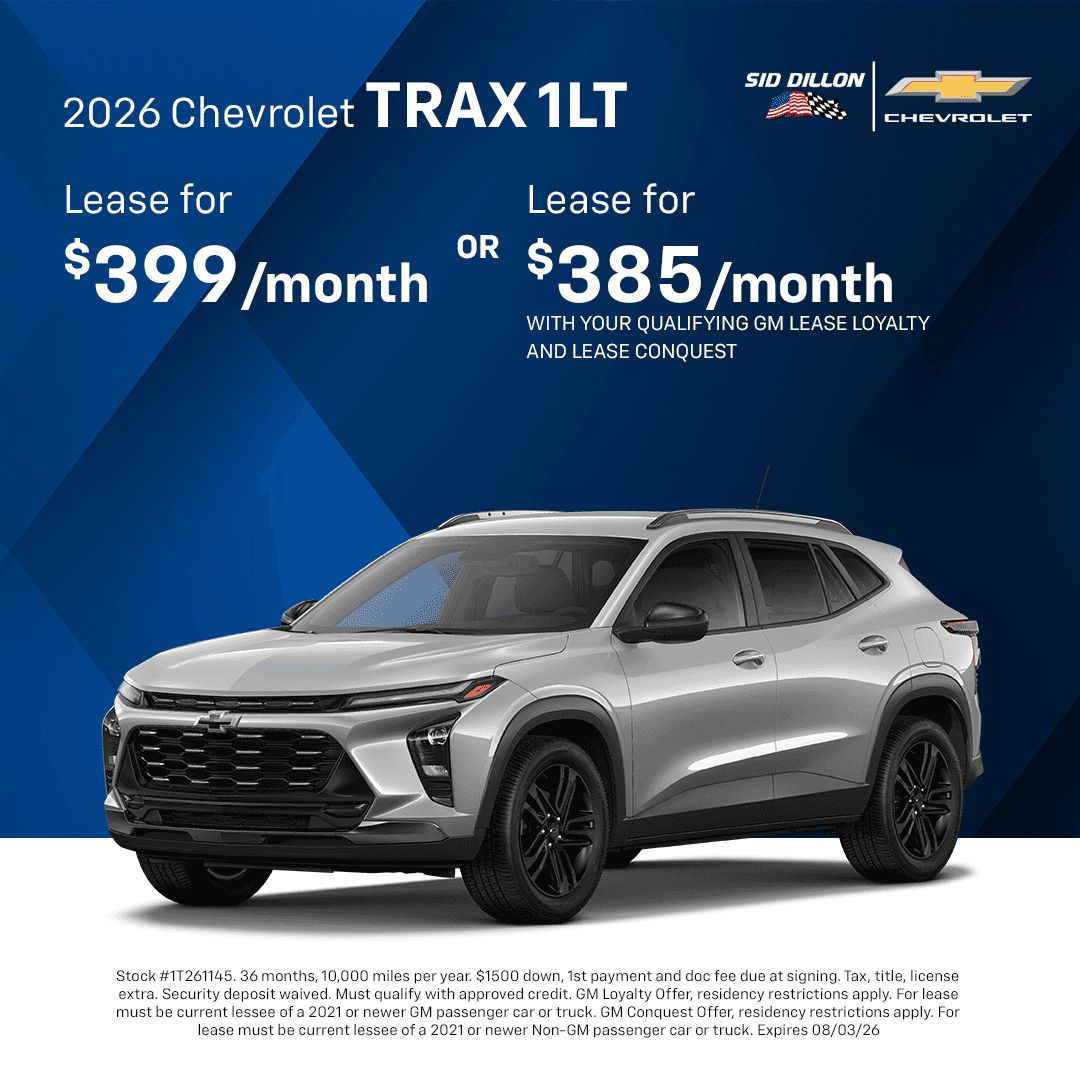 July 2026 Chevrolet Trax 1LT lease offer with monthly payment options for qualified GM customers at Sid Dillon