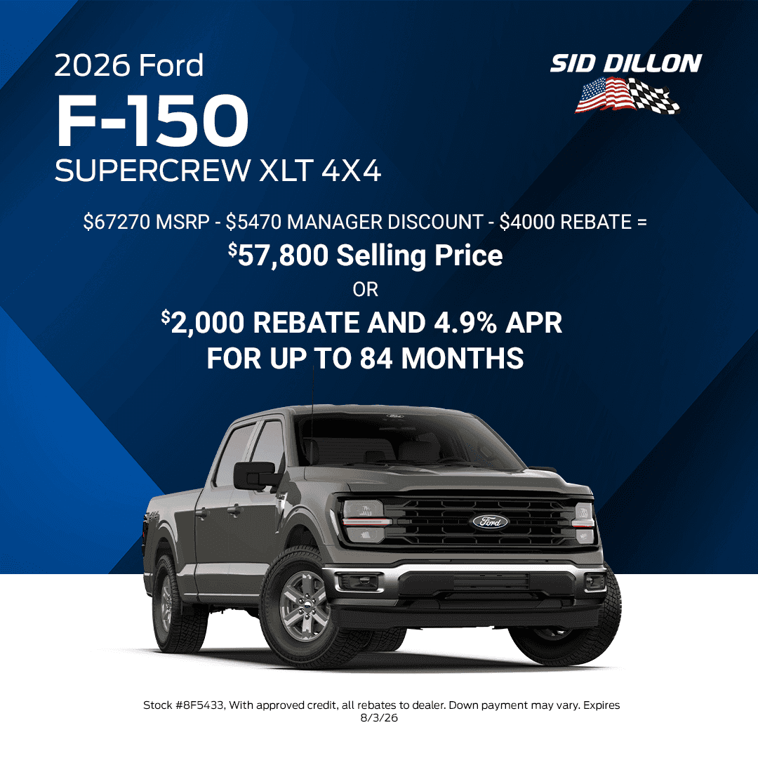 July 2026 Ford F-150 SuperCrew XLT 4x4 offer with a $57,800 selling price or $2,000 rebate and 4.9 percent APR for up to 84 months