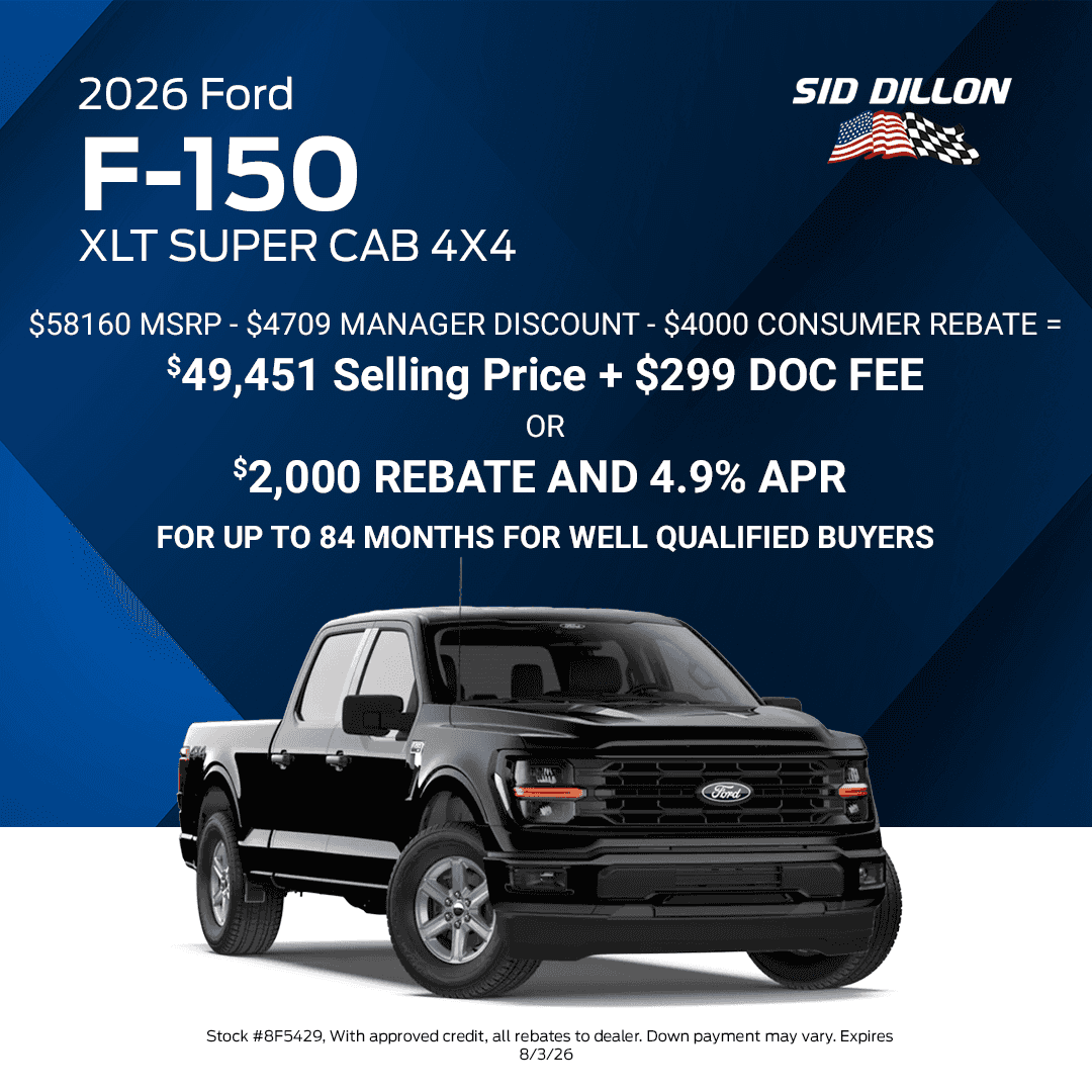 July 2026 Ford F-150 XLT SuperCab 4x4 offer with a $49,451 selling price plus documentation fee or special rebate and APR financing