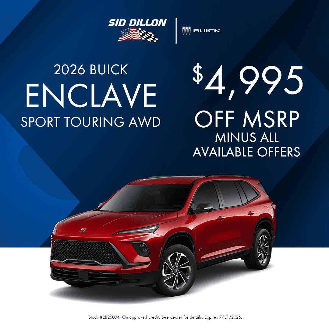 July 2026 Buick Enclave Sport Touring AWD purchase offer at Sid Dillon Buick GMC of Fremont with $4,995 off MSRP, stock number 2B26004