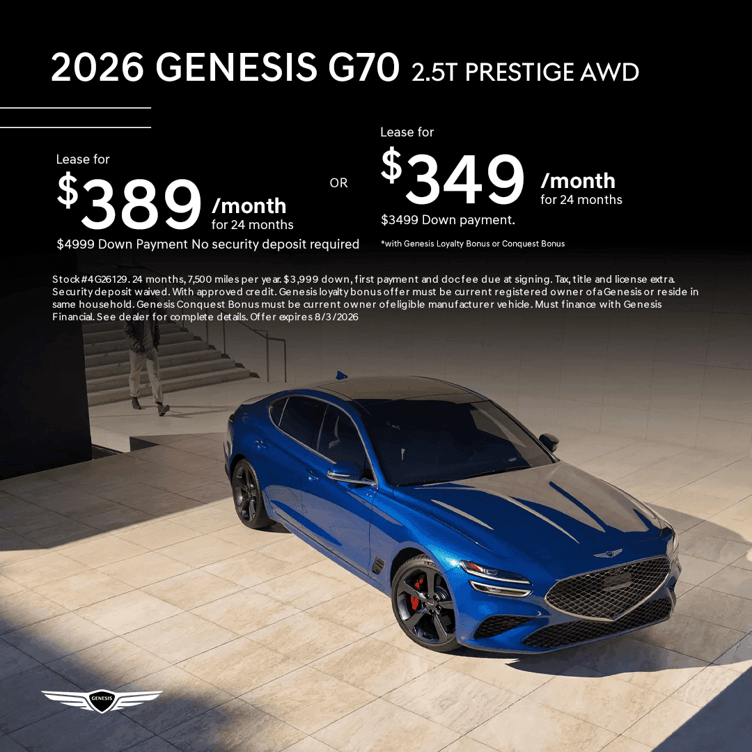 July lease special on a 2026 Genesis G70 2.5T Prestige AWD for $389 per month or $349 with qualifying Loyalty or Conquest offer, stock 4G26129