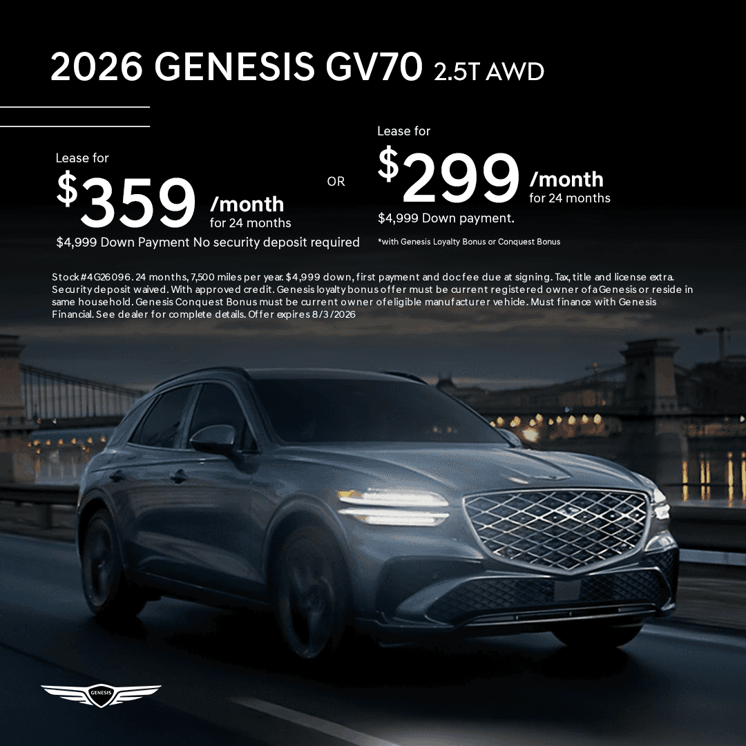 July lease special on a 2026 Genesis GV70 2.5T AWD for $359 per month or $299 with qualifying Loyalty or Conquest offer, stock 4G26096