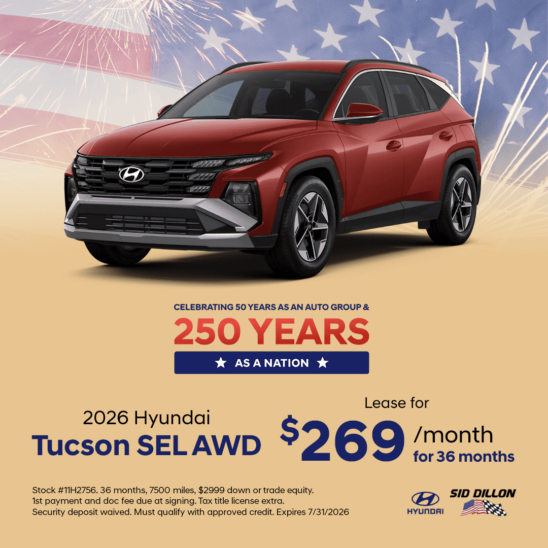 July 2026 Hyundai TUCSON SEL AWD lease offer at Sid Dillon Hyundai of Lincoln for $269 per month for 36 months