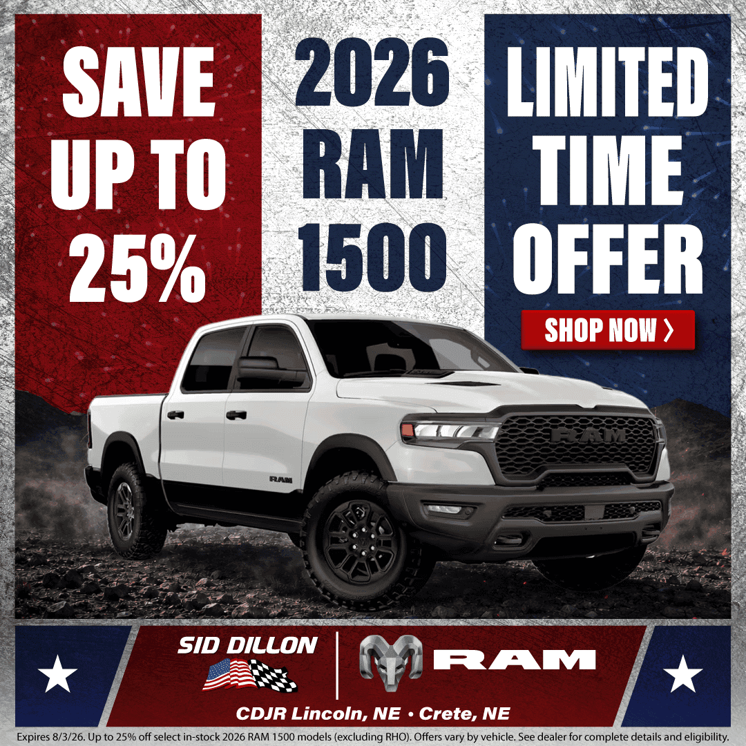 July 2026 Ram 1500 offer with savings up to 25 percent on select in stock light duty pickup trucks excluding Ram 1500 RHO