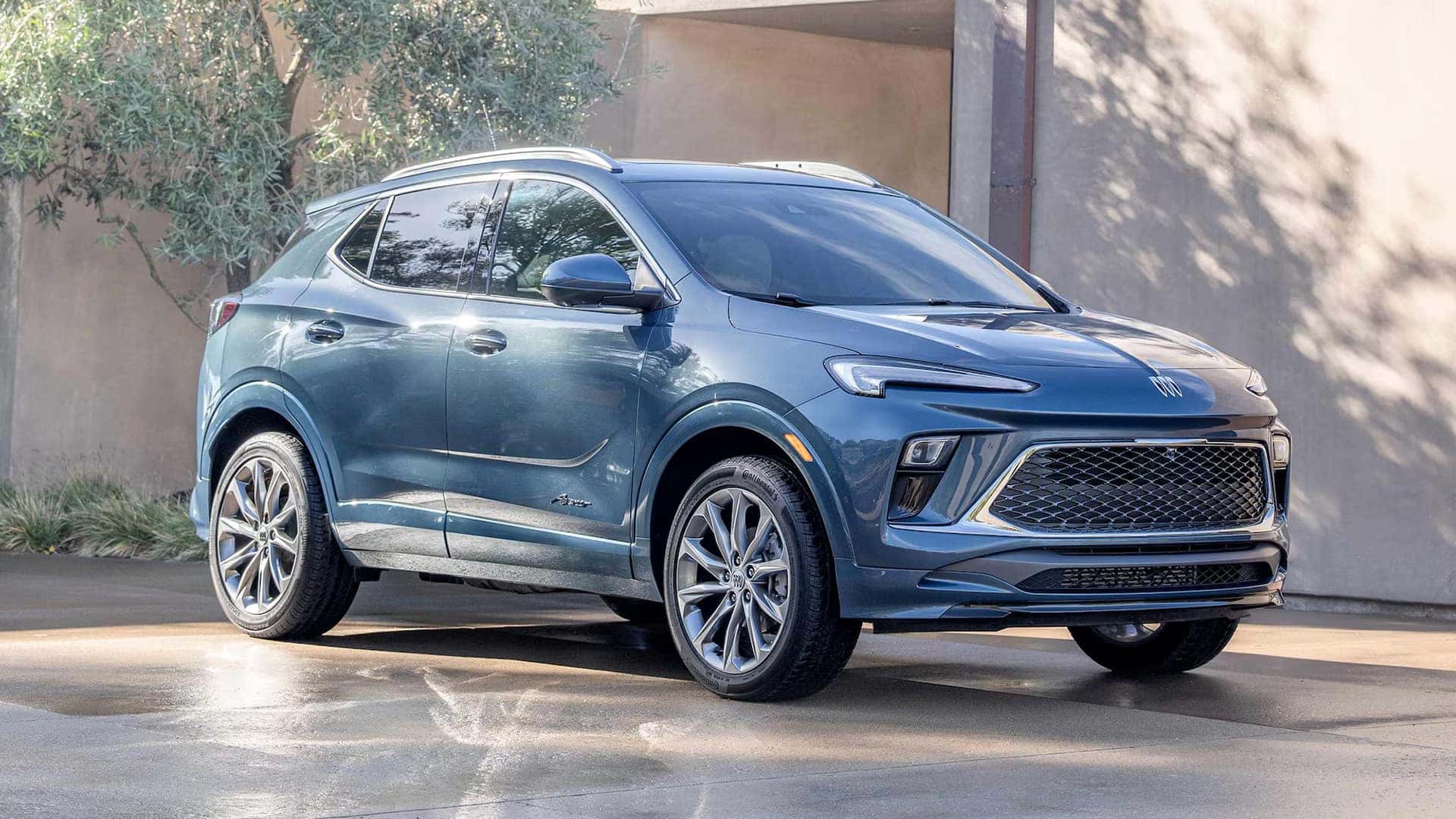 Blue 2026 Buick Encore GX Avenir shown from the front three-quarter angle