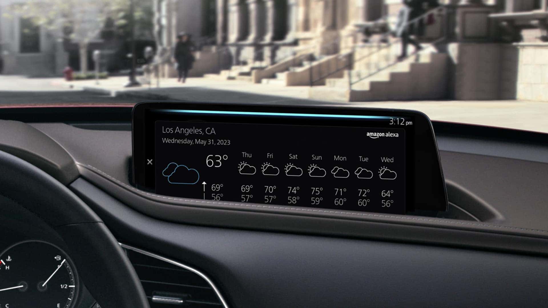 2026 Mazda CX-30 center display showing weather information and connected infotainment features
