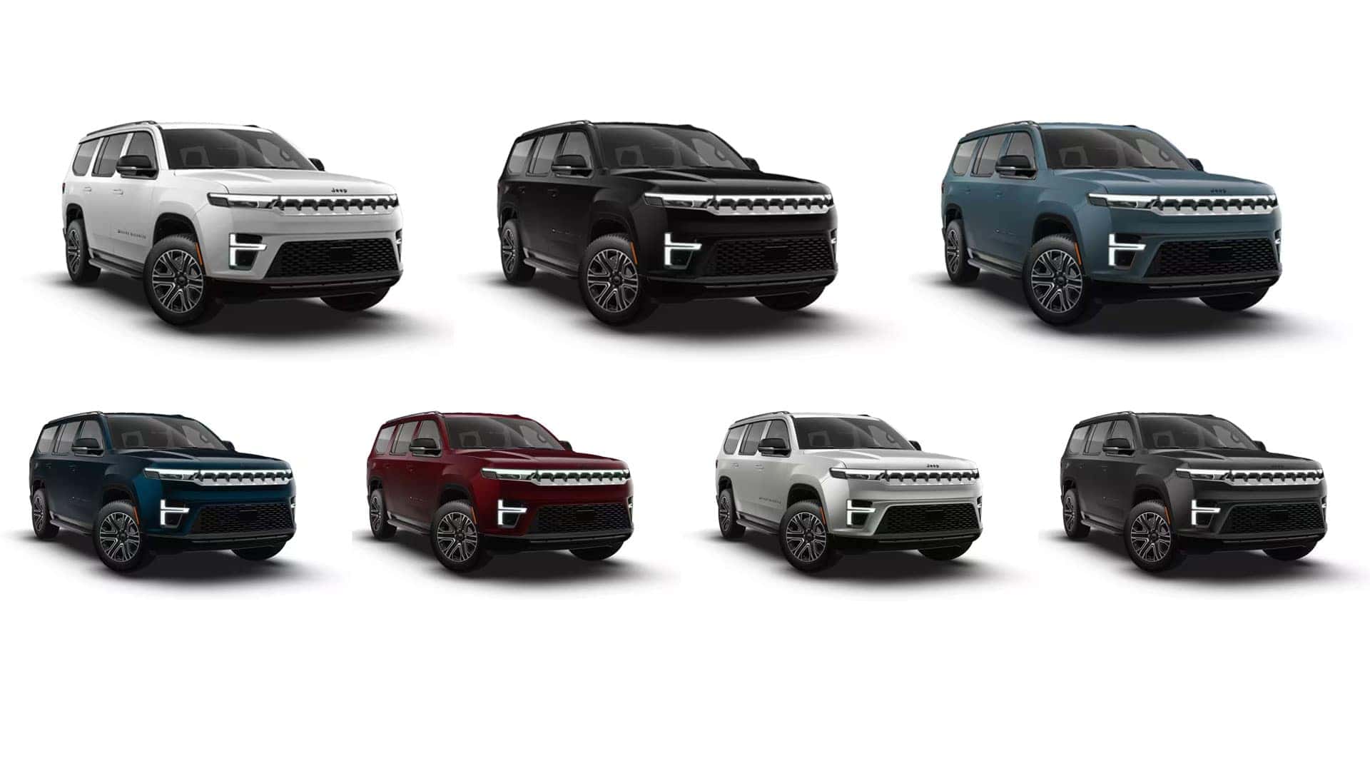 Seven Grand Wagoneer SUVs in different exterior colors arranged in two rows on a white background.