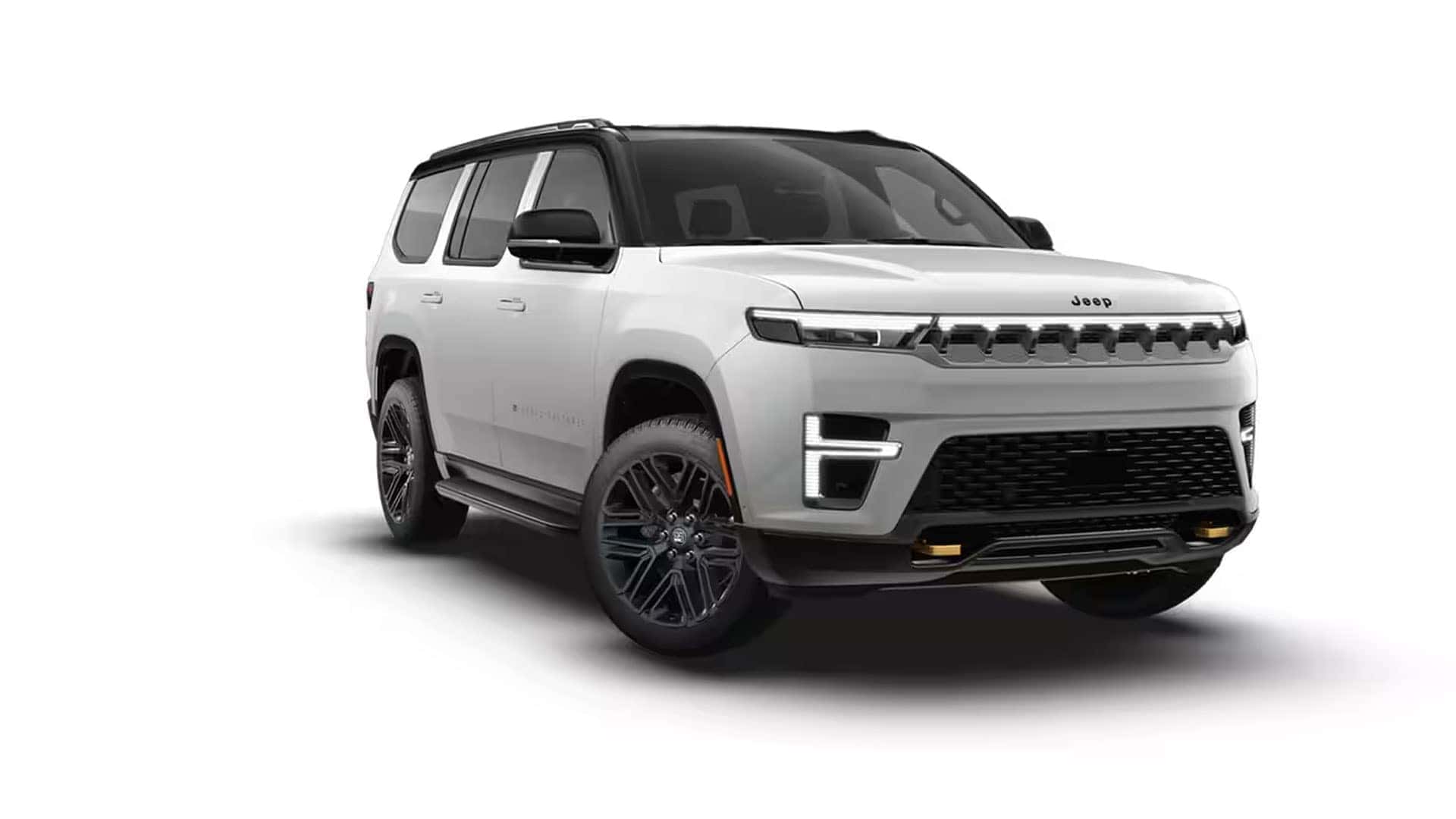 2026 Jeep Grand Wagoneer shown from a front three-quarter angle on a white background with dark wheels and roof.