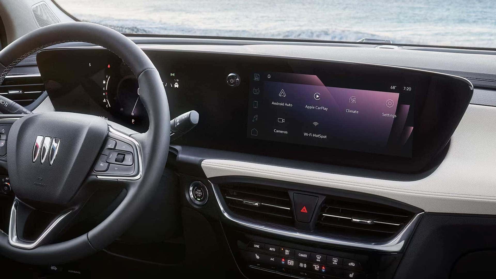 2026 Buick Encore GX touchscreen showing wireless Apple CarPlay, Android Auto, cameras, and Wi-Fi hotspot controls