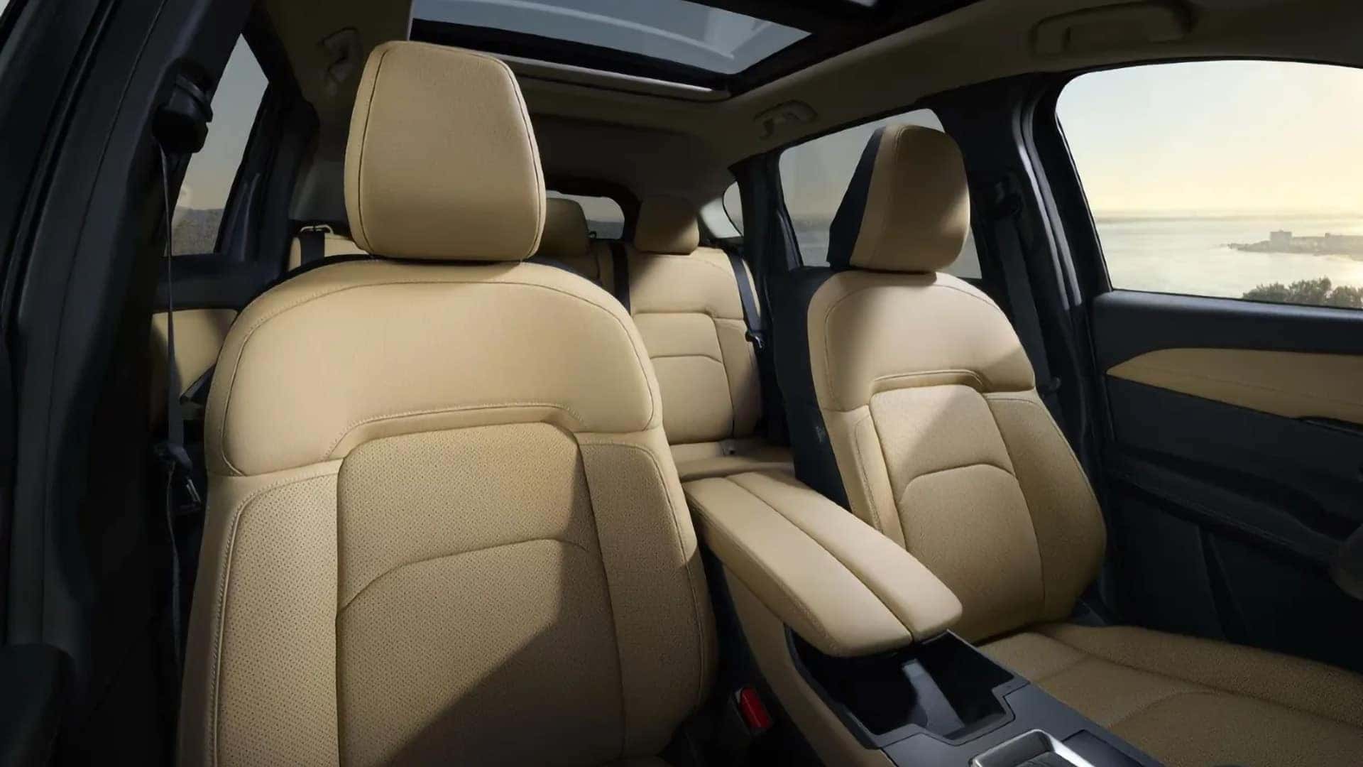 Tan seating and panoramic moonroof inside the 2026 Mazda CX-5