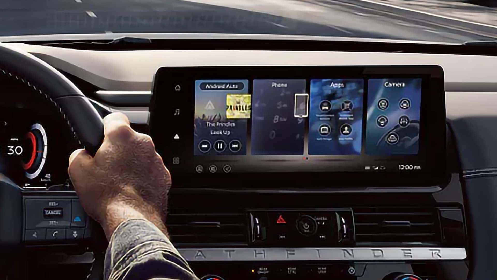 2026 Nissan Pathfinder infotainment screen displaying audio, phone, apps, and connected vehicle controls