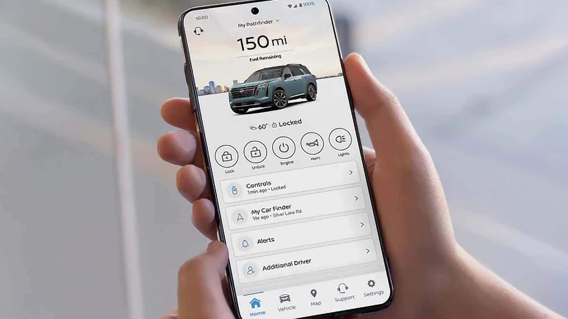 Smartphone displaying MyNISSAN app controls and vehicle status for a 2026 Nissan Pathfinder