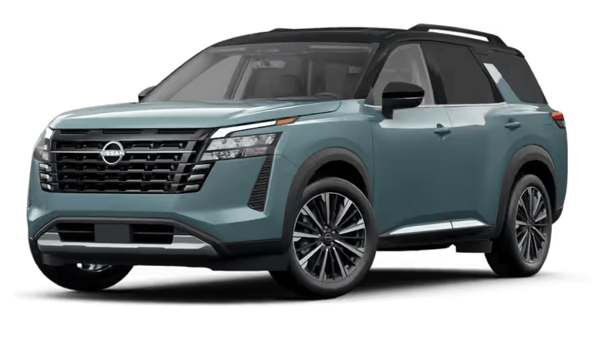 Blue 2026 Nissan Pathfinder Platinum exterior in a front three-quarter view