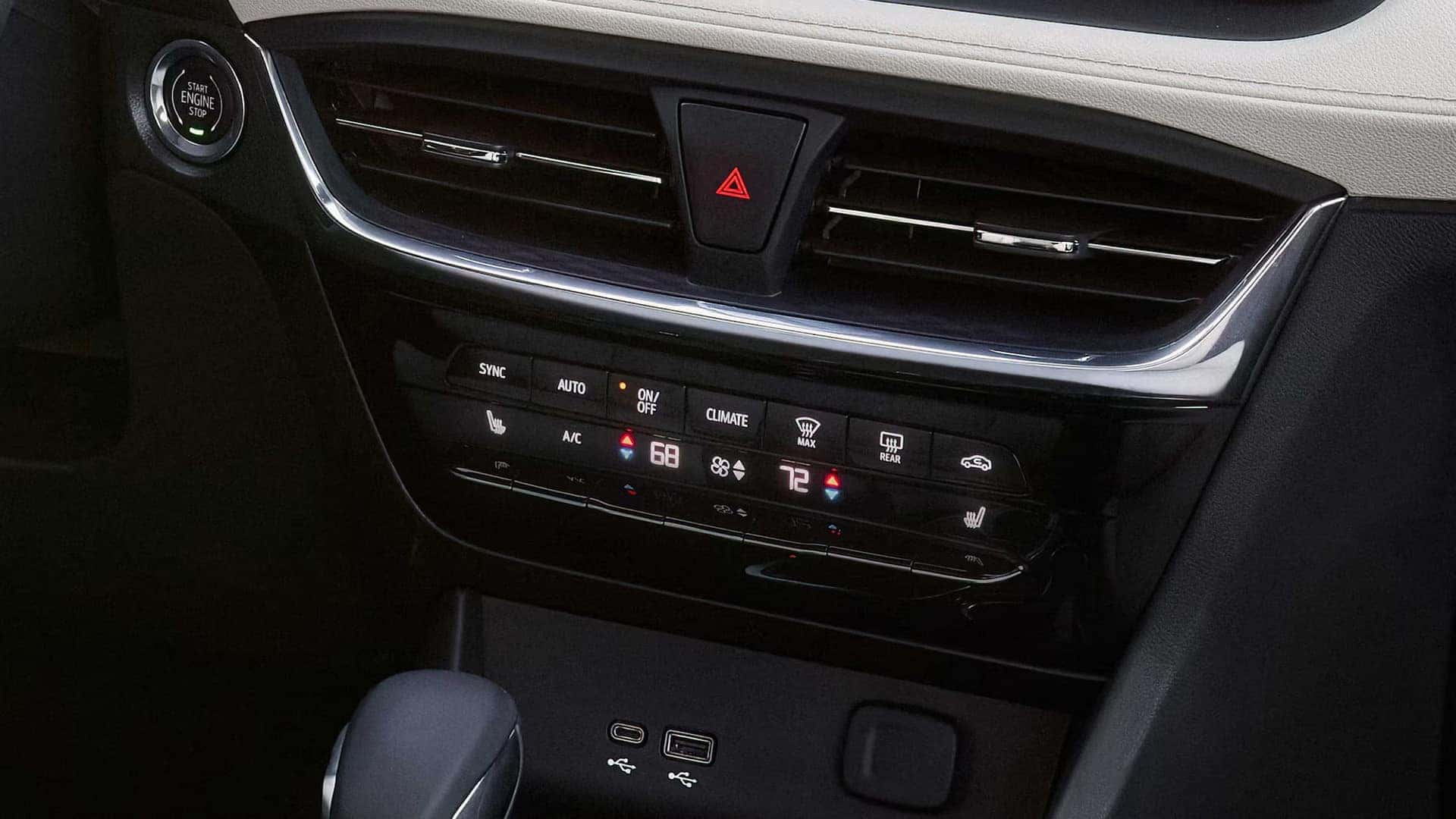Dual-zone climate controls, heated-seat buttons, and USB ports in the 2026 Buick Encore GX