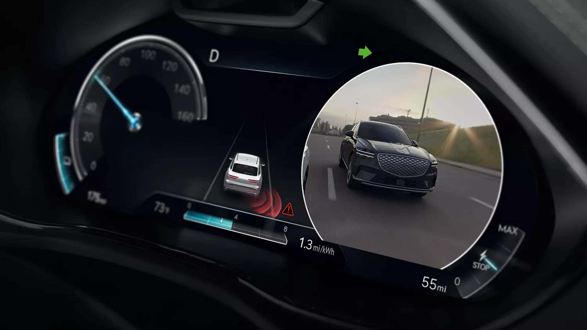2026 Genesis Electrified GV70 digital instrument cluster showing Blind-Spot View Monitor and surrounding traffic alerts