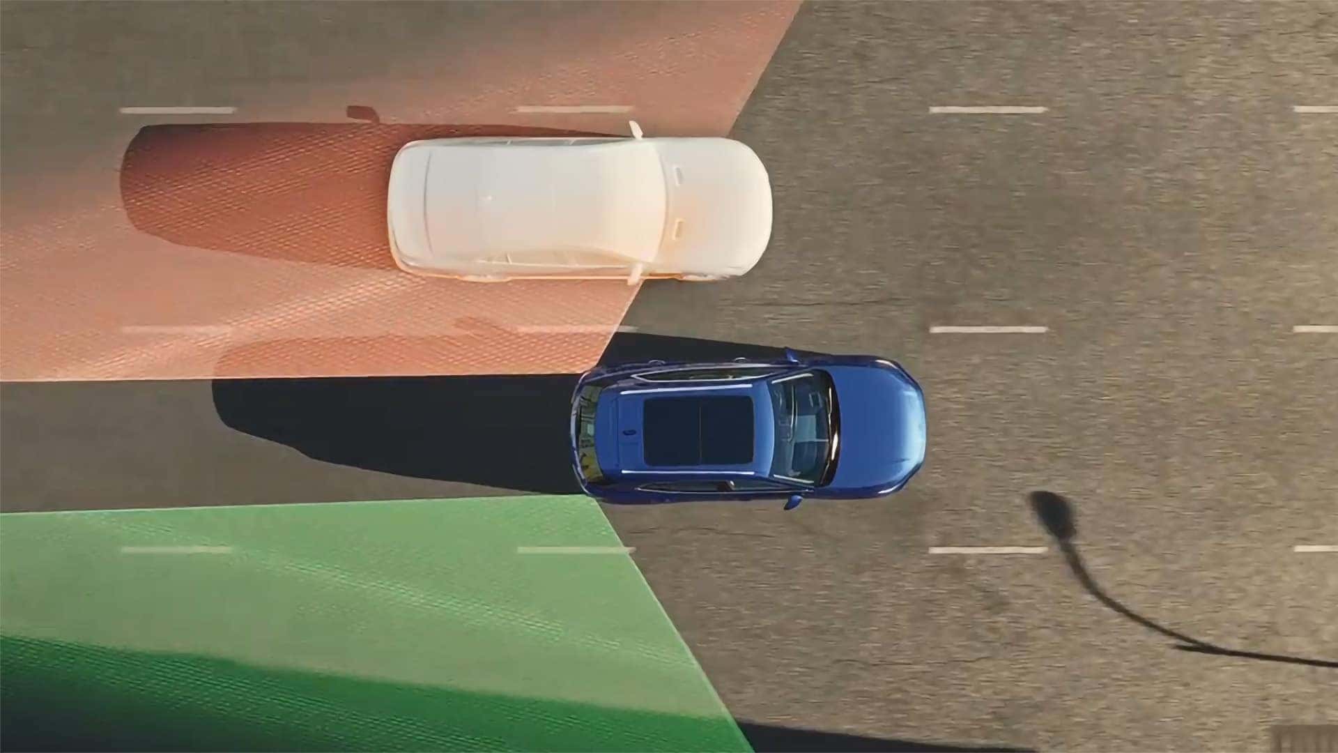 Overhead illustration of a 2026 Buick Envision monitoring a vehicle in the adjacent lane