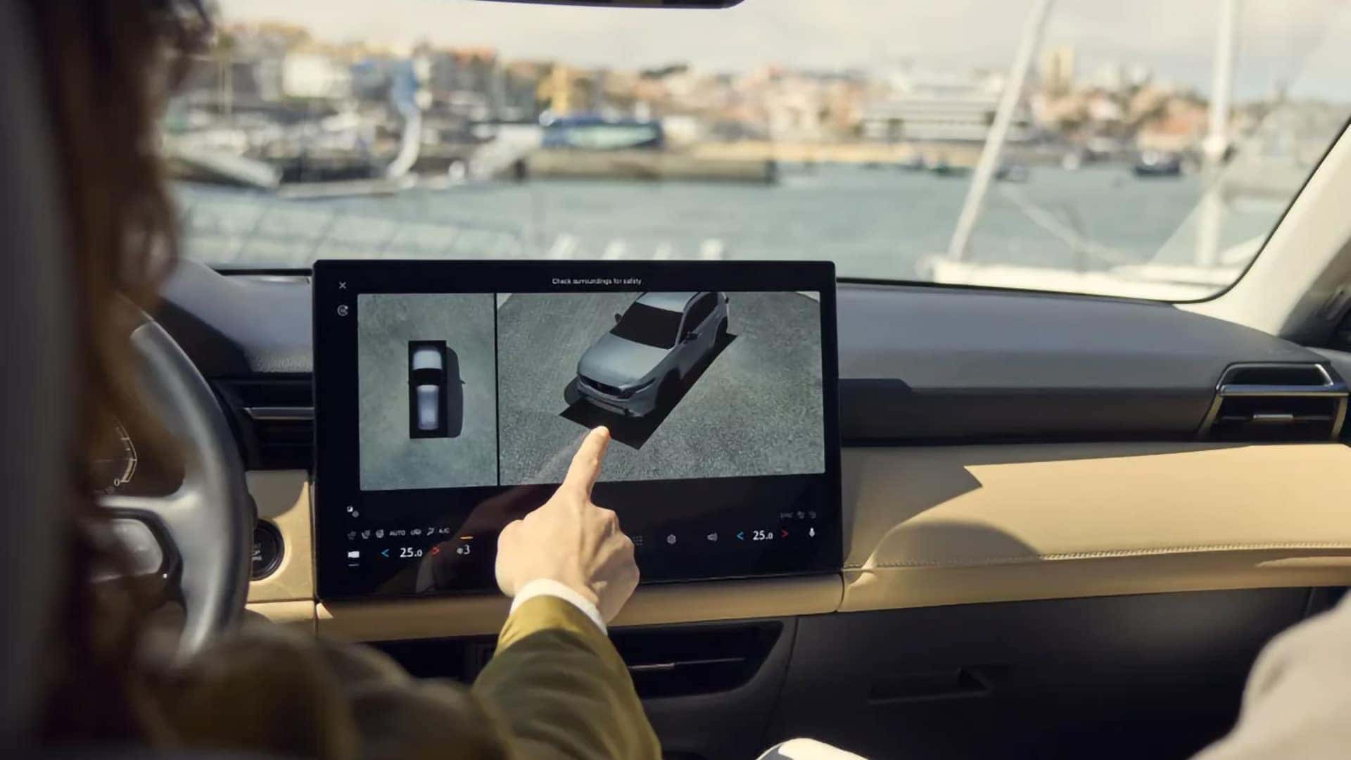 2026 Mazda CX-5 touchscreen displaying a 360-degree exterior camera view
