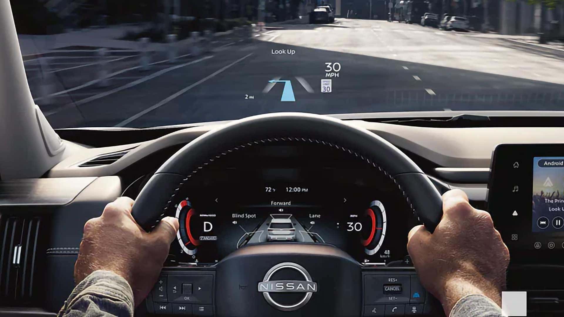 2026 Nissan Pathfinder Head-Up Display showing speed, navigation, and driver-assistance information