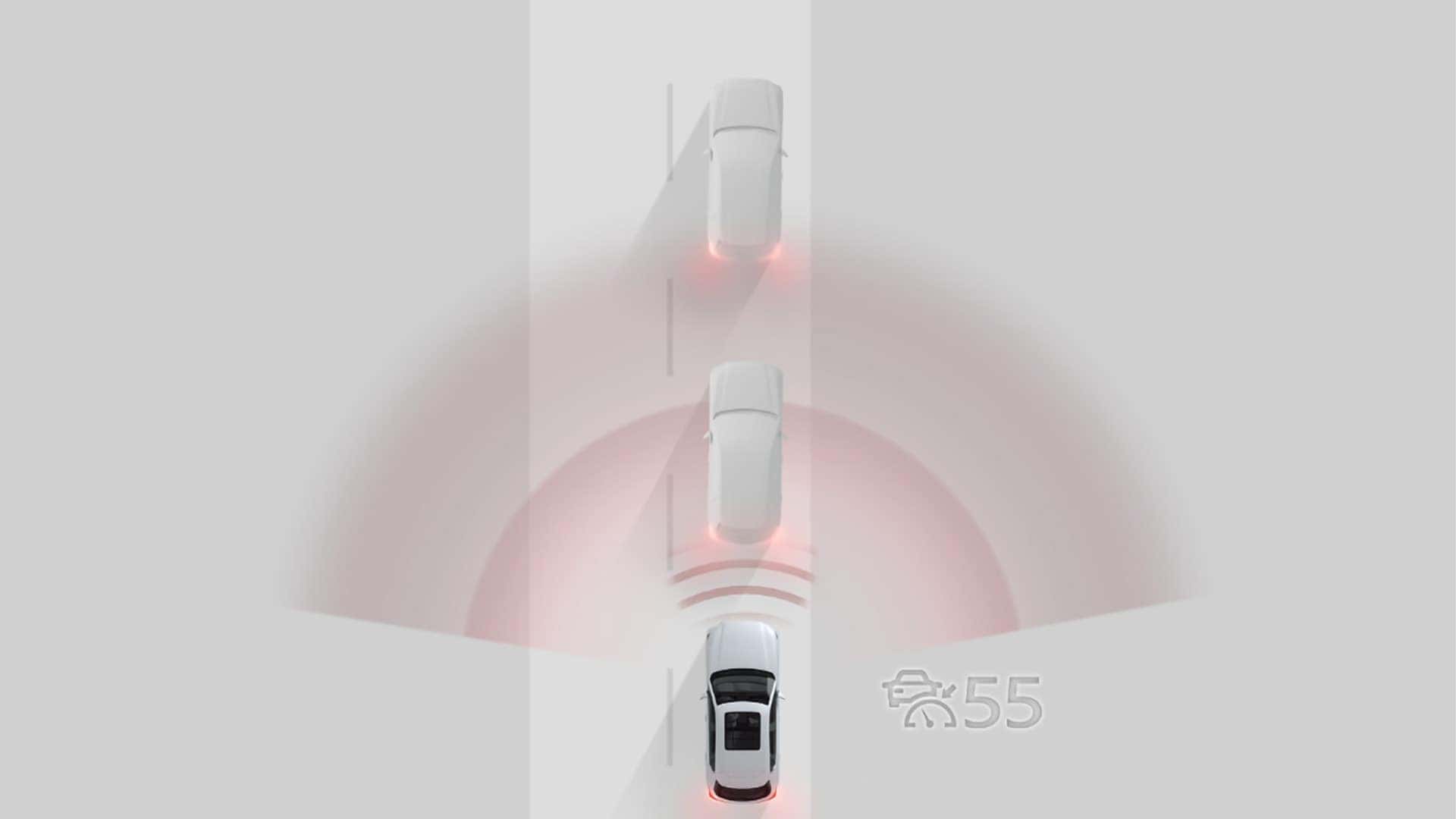Driver-assistance graphic showing the 2026 Mazda CX-5 monitoring traffic ahead