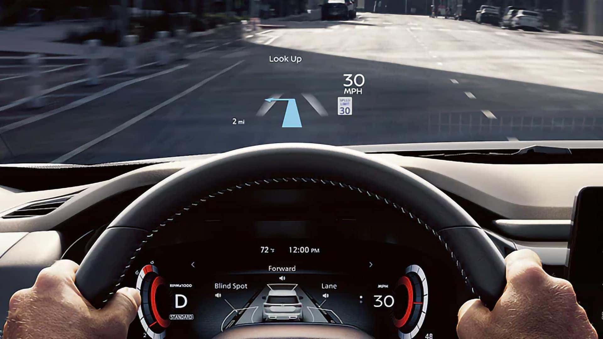 2026 Nissan Pathfinder Head-Up Display showing navigation, speed, and driver-assistance information