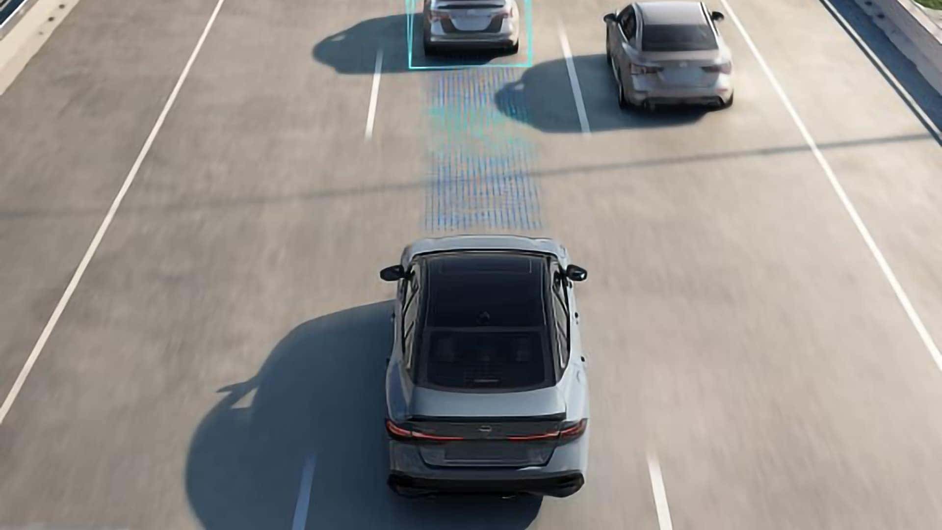 Overhead view of a 2026 Nissan Sentra using driver-assistance technology to monitor a vehicle ahead.