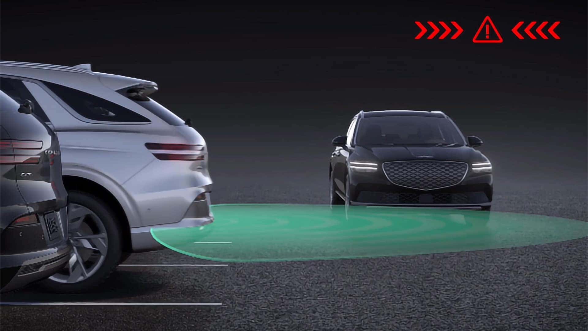 2026 Genesis Electrified GV70 parking safety system detecting vehicles behind the SUV with visual warning indicators