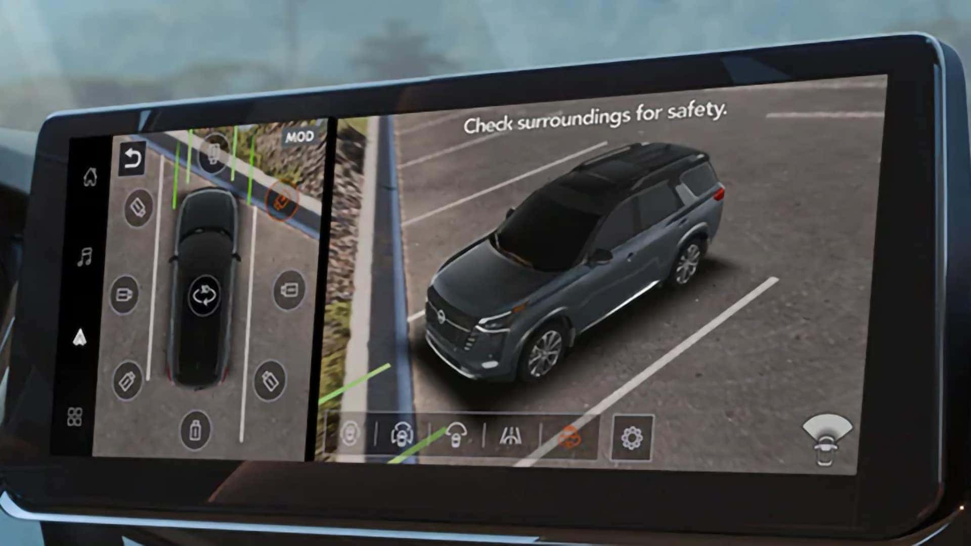 2026 Nissan Pathfinder Intelligent Around View Monitor displaying overhead parking camera views