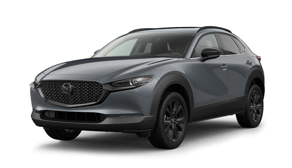 Dark gray 2026 Mazda CX-30 2.5 Turbo Premium Plus shown from the front three-quarter angle