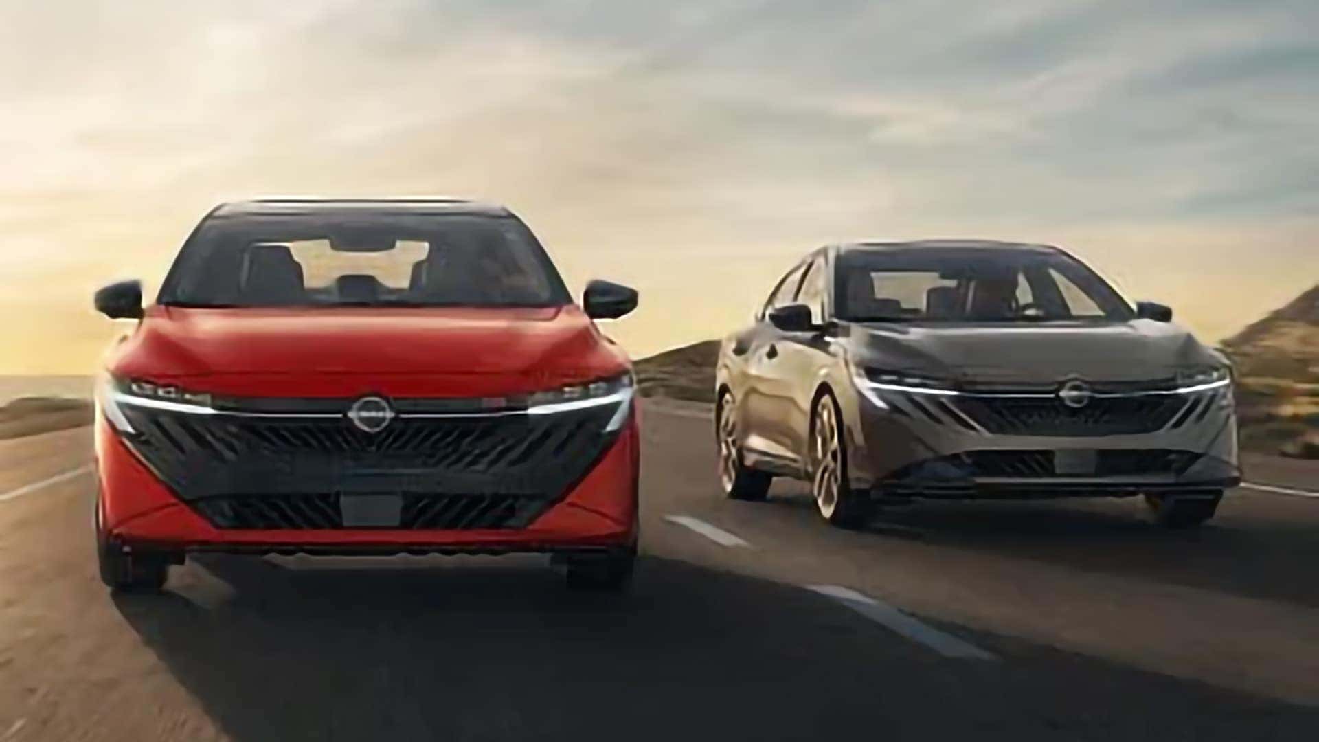 Red and gray 2026 Nissan Sentra models driving side by side, representing the available trim lineup.