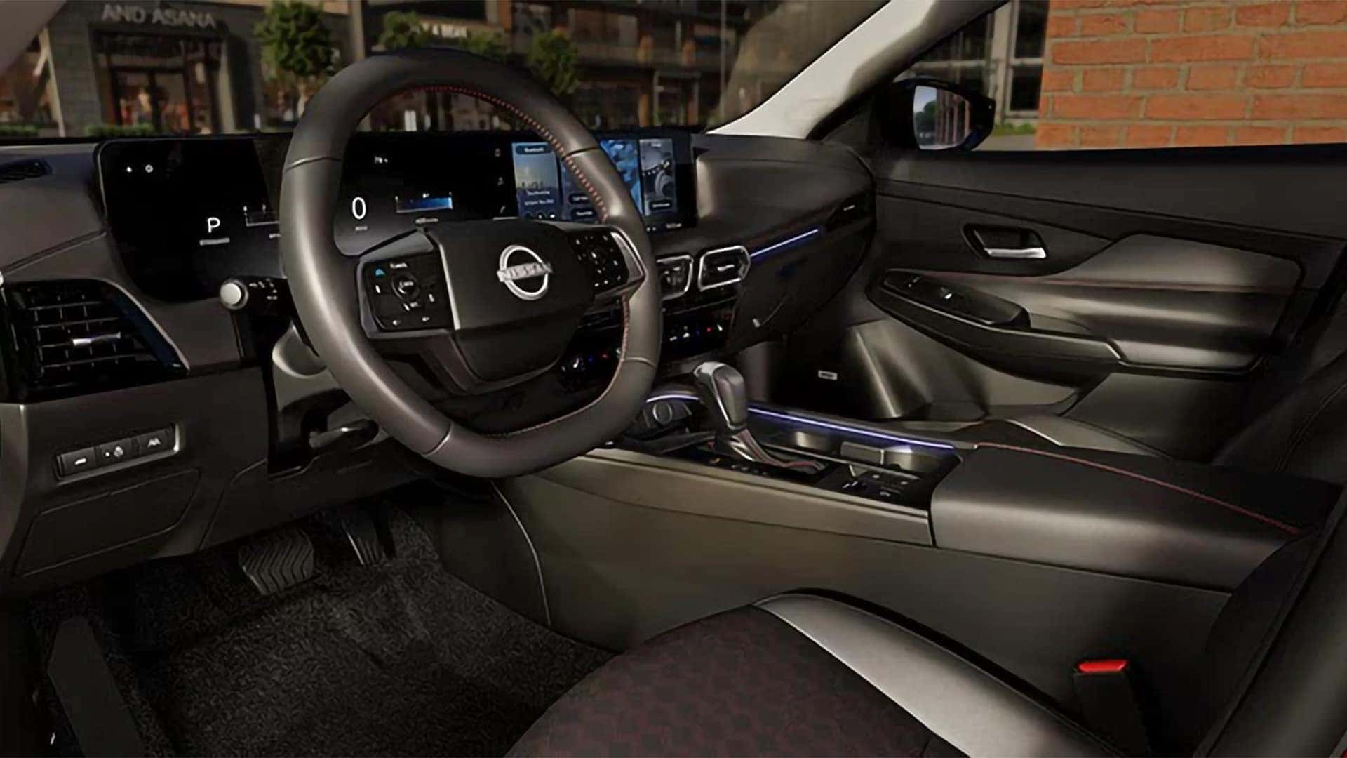 2026 Nissan Sentra cabin with digital displays, flat-bottom steering wheel, black seating, and ambient lighting