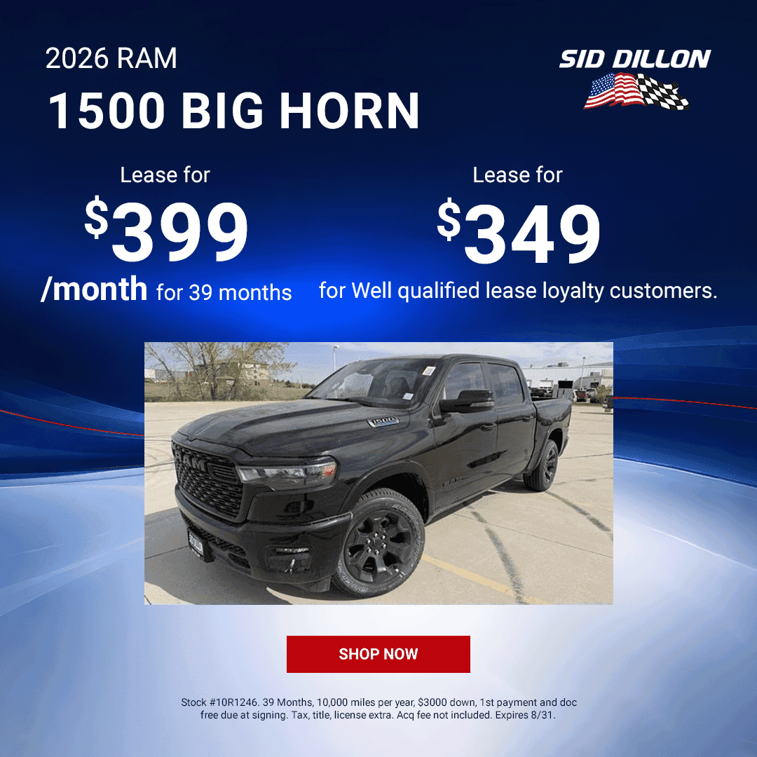 Sid Dillon August lease offer for a black 2026 Ram 1500 Big Horn pickup truck